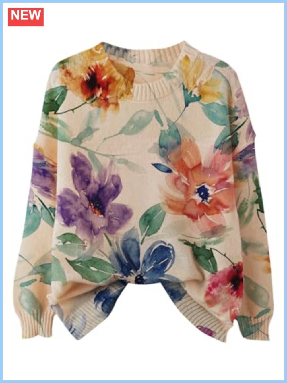 Plus Size Floral Knit Pullover Sweater Long Sleeve Crew Neck Fall